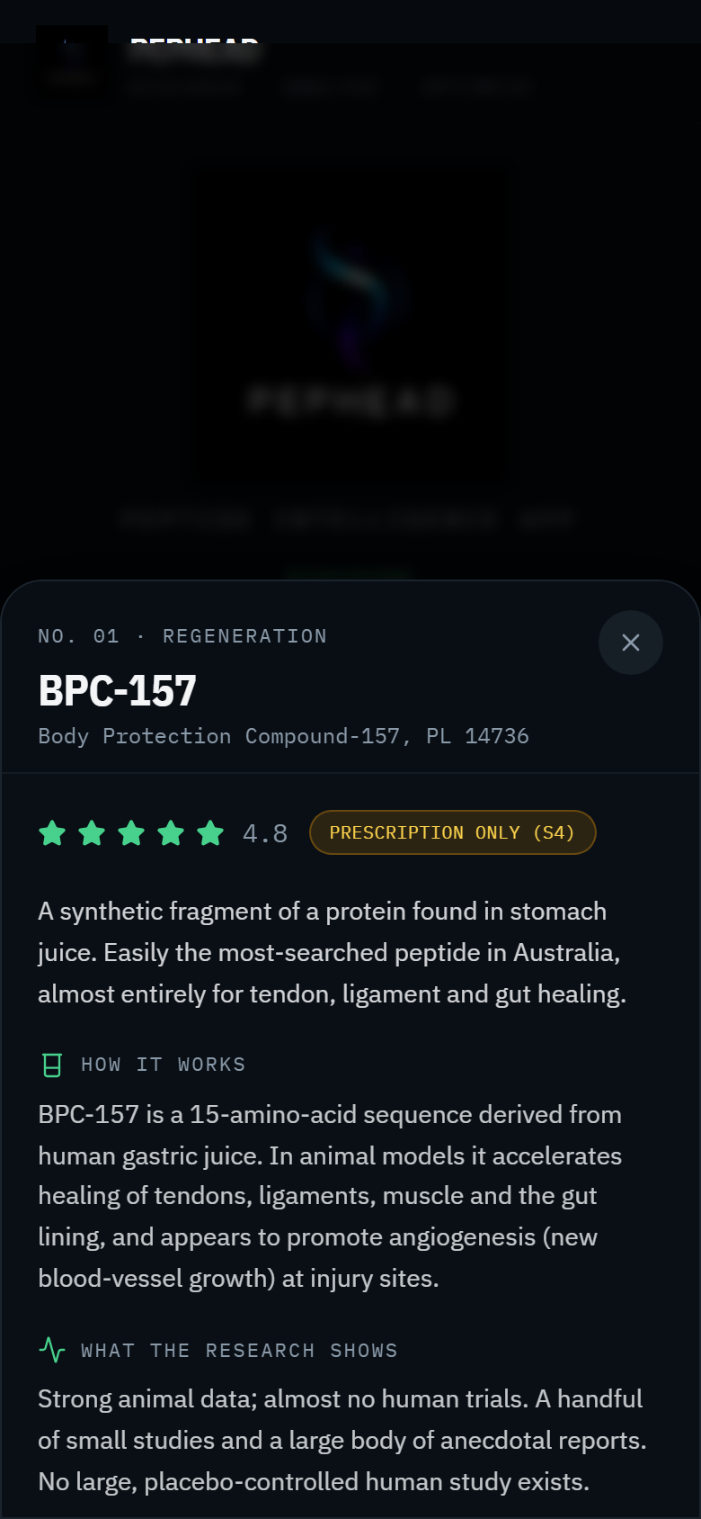 The PEPHEAD app showing a peptide profile with an evidence rating, an Australian prescription-only badge and plain-English sections on how it works and what the research shows
